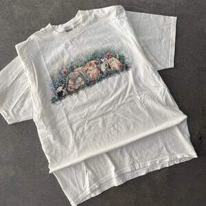 Vintage Y2k Cottage Core Bunny Floral Rabbit White Graphic Tee Short Sleeve XL